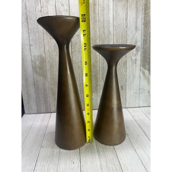 Vtg Mid Century Wooden Candlestick Holders Teak Color 12" & 10" Tall Set of 2 - Picture 6 of 9